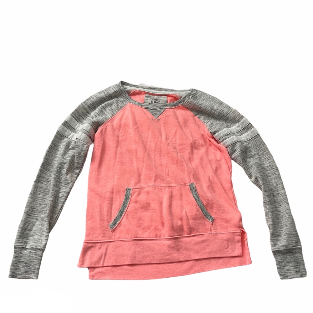 coral and gray crewneck sweatshirt